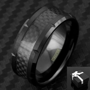 10mm Wide Men's Black Tungsten Ring Black Carbon Fiber Grooved Edge Band - Picture 1 of 8