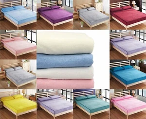 Luxury 100% Brushed Cotton Fitted Sheet - Flannelette Sheets Plain Dyed Bedding - Picture 1 of 19