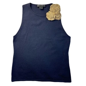 Ralph Lauren Black Label Sleeveless Cashmere Sweater Tank Navy Flower FLAW Sz LG - Picture 1 of 9