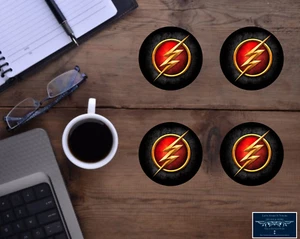THE FLASH LOGO SET OF 4 ROUND HARDBOARD HOUSE BAR DESK COASTERS CUSTOM GIFT - Picture 1 of 2