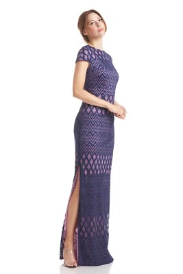 JS Collections womens Linda Cap Sleeve Embroidered Long Column Gown size 4 Navy - Image 1 of 4