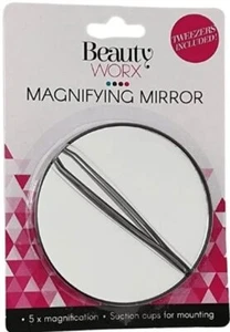 Mirror with Suction Cup 8.8cm Plain 5X Magnified Beauty Essentials with Tweezers - Picture 1 of 1