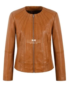 Ladies Biker Collarless Tan Leather Jacket Slim Fit Fashion Designer Dua Lipa - Picture 1 of 9