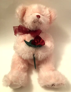 Russ Berrie ROSE Pink Plush Teddy Bear Holding Rose LOVE Embroidered on Foot 16" - Picture 1 of 9