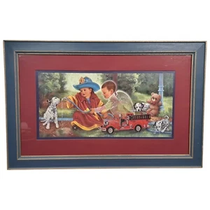 Home Interiors Little Boy Fire Fighter Guardian Angel  Dalmatians Fire Truck Art - Picture 1 of 14