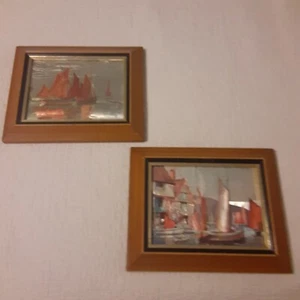 Vintage 1975 Harbor Scene Scratch Art/Foil  Framed  X2 Gallery Wall NOTE - Picture 1 of 8