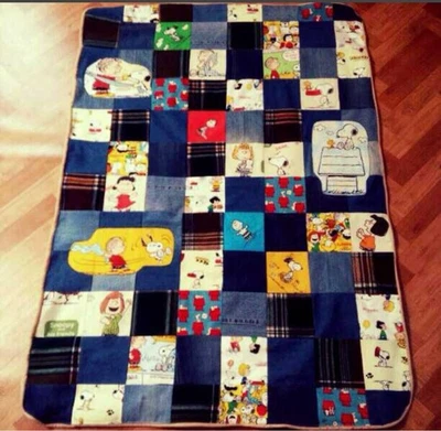 Demi-couverture Snoopy fait main 100x140 cm vintage drap denim tissu doux - Photo 1/4