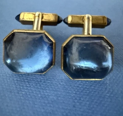 Gemelos de vidrio azul Swank vintage tono dorado octágono mediados de siglo modernos para hombre’s Foto 1 de 3