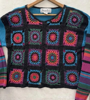 Suéter de crochê vintage anos 90 vovó quadrado patchwork ponto de referência caixa CROPPED - Imagem 1 de 4