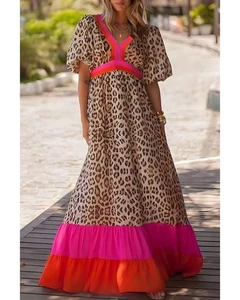 Azura Exchange Bright Pink Leopard Colorblock Patchwork Bubble Sleeve Maxi Dress - Picture 1 of 44