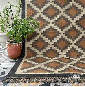 Brown Cream Kilim Rug Jute Handwoven Vintage Kilim Geometric Carpet Area Rugs - Picture 1 of 5