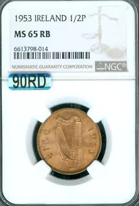 1953 IRELAND HALF PENNY NGC MS65 RB MAC 90% RED * - Picture 1 of 2