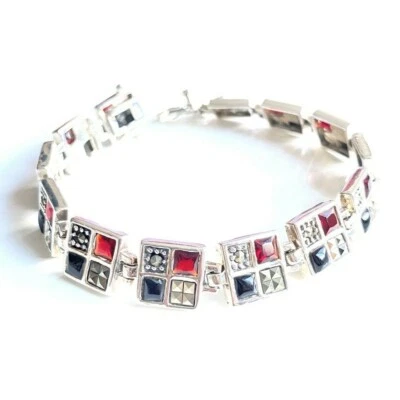 PULSERA GRANATE ÓNIX Cuadrados con Marcasita PLATA ESTERLINA 925 (7,5 pulgadas de Largo) Foto 1 de 4