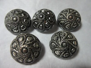 5 Vintage Silver colored metal Shank Buttons Domed - Picture 1 of 5