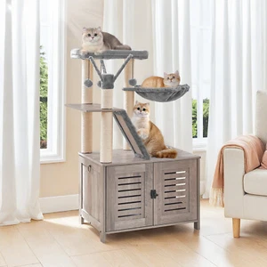 HOOBRO Kratzbaum mit Katzenklo-Schrank Katzenbaum Schrank Katzentoilette Greige - Bild 1 von 10