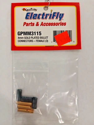 GREAT PLANES  PN #GPMM3115 ~NIP~ 4MM GOLD PLATED BULLET CONNECTORS ~ FEMALE (3) - Image 1 of 2