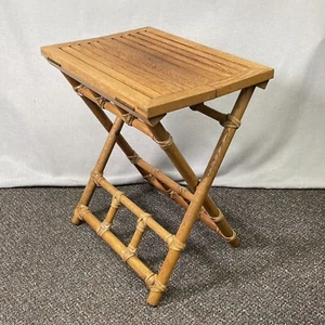VINTAGE McGuire Rattan Oak Campaign Folding Drink Side Table Pinch Finger Bamboo - Picture 1 of 17