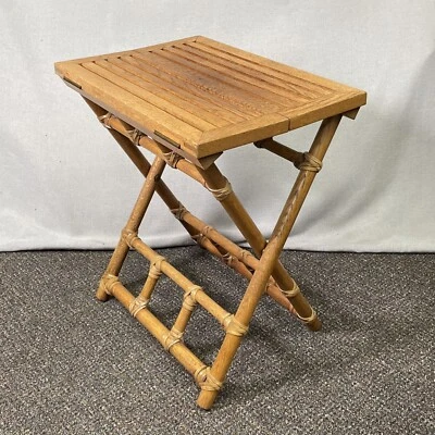 VINTAGE McGuire Rattan Oak Campaign Folding Drink Side Table Pinch Finger Bamboo - Image 1 of 4