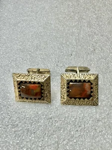 Large Sterling Silver Vermeil & Agate 1949 Vintage JMO Cuff Links - Picture 1 of 7