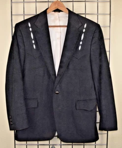 Vintage Black Blazer Pagano West Size 41-43R 70s Sport Coat Embroidered Detail - Picture 1 of 11