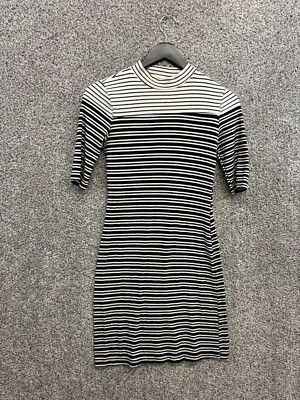 Monteau Striped Knit Bodycon Dress Black/Ivory Mock Neck Half Sleeve Women's S - Image 1 of 4