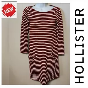 Hollister Dress XS Long Sleeve Striped Pockets Maroon White A314 - Picture 1 of 4