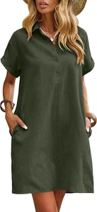 Womens Cotton Shirt Dress Summer Casual Short Sleeve Button down Beach Cover up - Picture 1 of 12