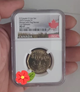 TOP GRADE 2023 $1 Canada coin MOOSE W/ FLAG BANNER 1st Release NGC MS-67 BID LOW - Picture 1 of 2