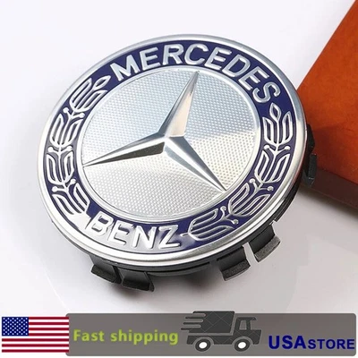 75mm 4 x Wheel Center Caps Classic Wreath AMG Blue Fits Mercedes A C E SL Class  - Image 1 of 4