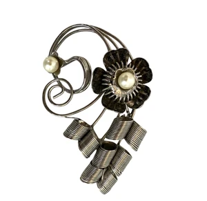 Vintage Sterling Silber Floral Brosche mit Kunstperlen Akzenten Mid Century Modern - Bild 1 von 5