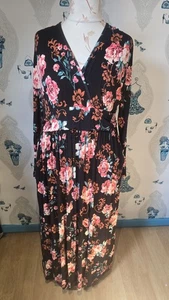 pretty black pink red jersey floral v neck maxi dress with pockets, 4xl 22/24 - Picture 1 of 4