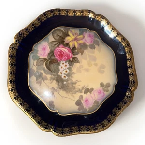 Antiker Wm Guerin & Co Limoges Frankreich handbemalter Hängeteller Floral Kobalt - Bild 1 von 11