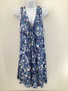 M&S White Blue Paisley Floral V-Neck Sleeveless Mini Dress UK 14 EUR 42 - Picture 1 of 8