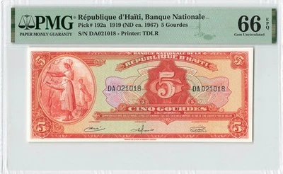 HAITI 5 Gourdes 1967, P-192a TDLR Print, DA Prefix, PMG 66 EPQ Gem UNC, Rare - Image 1 of 2