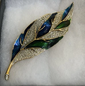 Rare PEACOCK Rhinestone Enamel LEAF Brooch Sarah Coventry Ultra Fashion 1969 Box - Picture 1 of 5