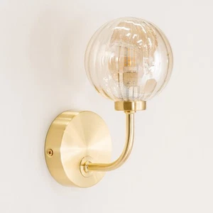 Gold Stem Wall Lights Amber Ribbed Glass Globe Shades Living Room Lamp LED Bulbs - Picture 1 of 27