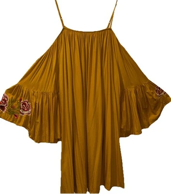 Gold Off Shoulder Tunic Dress Sz 3x W/ Embroidery Bell Sleeve Feathers Brand - Image 1 of 4