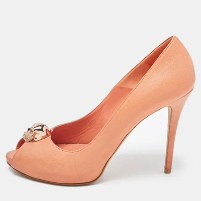 Alexander McQueen Light Orange Leather Embellished Skull Peep Toe Pumps Size 40 - Image 1 of 4