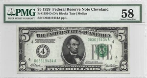 1928 $5 CLEVELAND FRN. PMG Choice About UNCIRCULATED 58 Banknote. - Picture 1 of 2
