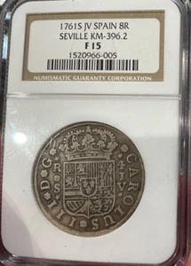 VERY RARE 1761S JV SPAIN 8-REALE SEVILLE KM-396.2 NGC F15 - Picture 1 of 2