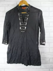 Tory Burch womens tunic top black beaded 4 v-neck 3/4 sleeve silk mix - Picture 1 of 12