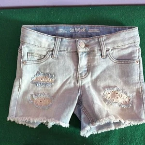 Cat & Jack Light Blue Cutoff Shorts Distressed with Eyelet Patches Size 7/8 - Picture 1 of 3