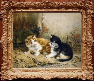 Handmade Old Master-Art Antique Oil painting Animal cat kittens on canvas 24X30" - Picture 1 of 2