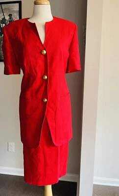 LIZ CLAIBORNE Mujer 2 Piezas Vintage 100% Rojo Rayón Manga Corta Falda Traje Talla 12 Foto 1 de 4