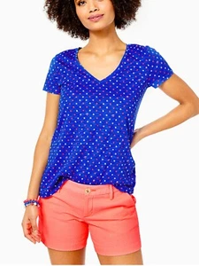 Lilly Pulitzer Etta V-Neck Top Borealis Blue Lilly Squared Women’s Small - Picture 1 of 2