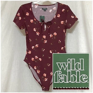 M Medium NWT WILD FABLE Women’s Short Sleeve Burgundy Floral BodySuit Top Shirt - Picture 1 of 10