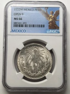 1932 M Mexico Silver Peso NGC MS66 Open 9 (NGC Population 141) - Picture 1 of 8
