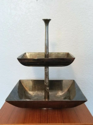 Pottery Barn Silver Plated 2 Tier Stand Large Metal Candy Dish Buffet Tower 13"H - Image 1 of 4