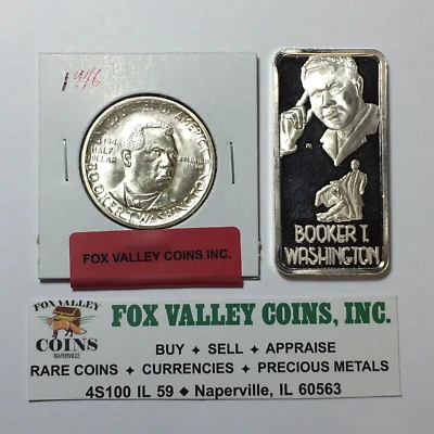 1946 BOOKER T WASHINGTON COMMEM. SILVER HALF DOLLAR & GREATEST AMERICANS ART BAR - Image 1 of 4