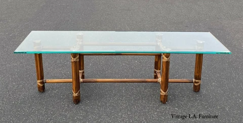 Vintage McGuire Bamboo Glass Top Coffee Table Cocktail Table w Rawhide Straps Cover